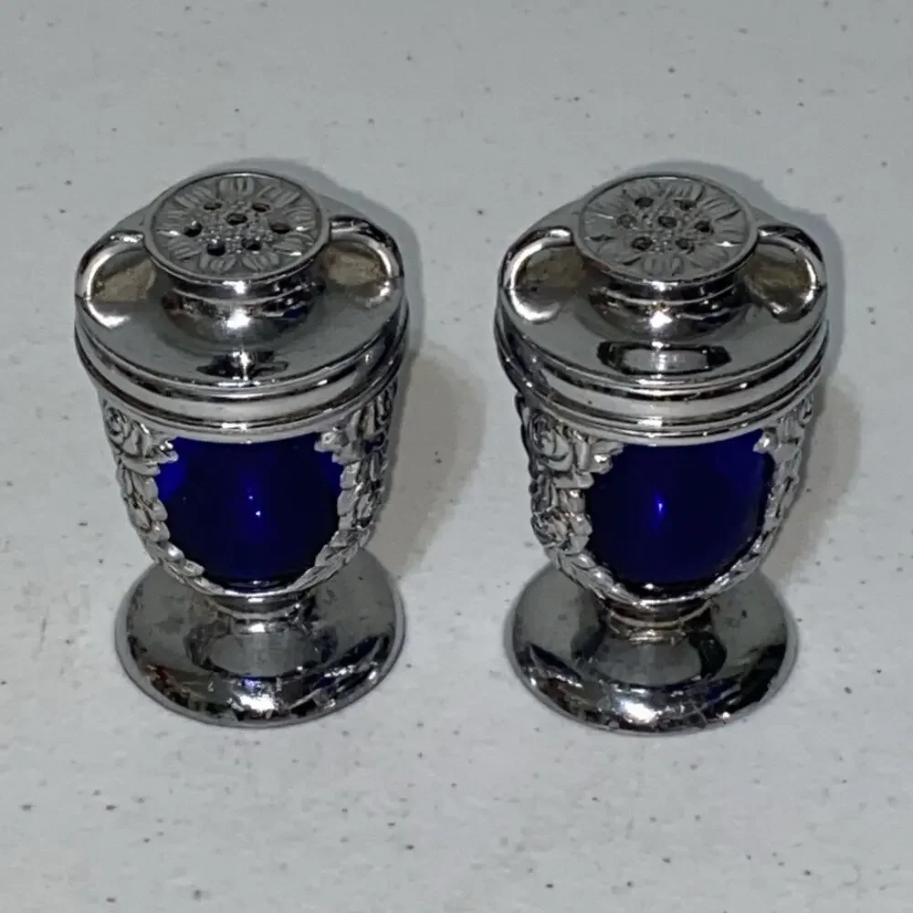 Vintage Cobalt Blue and Silver Rose Salt & Pepper Shakers Made in Occupied Japan